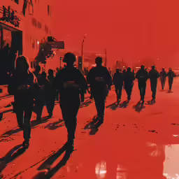 people walking across the street next to some buildings
