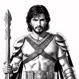 black and white drawing of a man in roman armor holding a spear