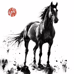 the black and white drawing shows a horse running through the air