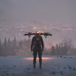 the martian stands on the snowy, icy ground