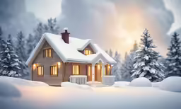 an illustration of a cabin house is surrounded by snow