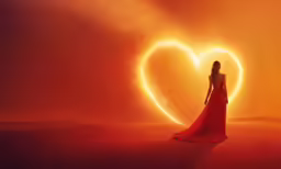 woman standing in red dress, with a large heart shaped background