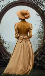 a woman in yellow is looking into a circle