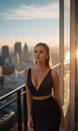 the woman wearing a black dress stands on a balcony