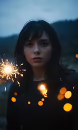 a woman holding a sparkler with the top lit up