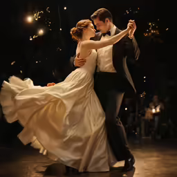 the man and woman are holding each other while dancing