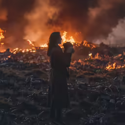 a person holding a baby in a field near the fire