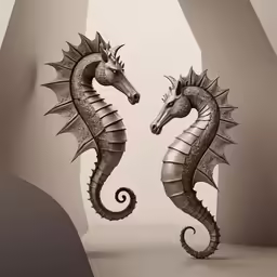 two statues with a sea horse and a dragon standing side by side