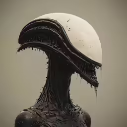 a stylized sculpture in black and white with an orb on top
