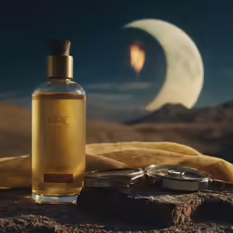 an image of a bottle of perfume sitting on a rock