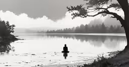 man is sitting in the calm water on a foggy day,man sitting in front of a tree and looking at the lake