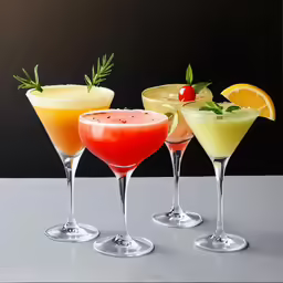 three cocktails are on the table with garnish