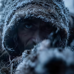 the man looks into the distance while standing in snow