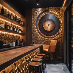 bar and seating with lights and walls are seen