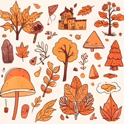 various autumn leaves and trees are shown on a white background