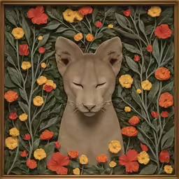 a painting of a gray cat in the middle of flowers