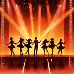 a group of women dancing on stage while lights shine,several people standing on stage with their hands up