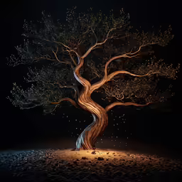 an illuminated tree standing alone at night in the forest