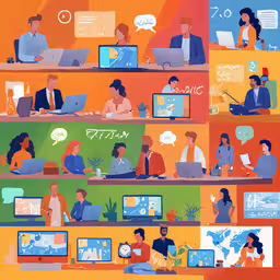 an illustrated poster depicting people using computers, including one of them on his laptop,the illustration shows a man and woman working on computers