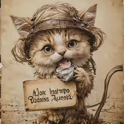 a cat wearing a helmet is holding a sign