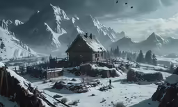 an image of a snow covered mountain and house
