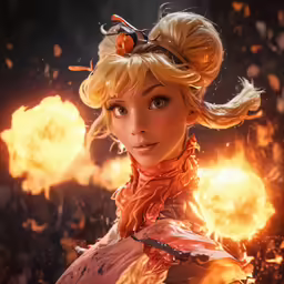 a woman that is standing with fire in the air