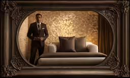 a man standing in front of a mirror with furniture