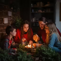 family in christmas sweater looking at lit candles in basket
