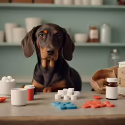 the dog is looking up as he sits at the table with pills and pill packs