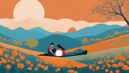 an art work with an orange sky and trees,a person sitting on top of a bed on a hillside
