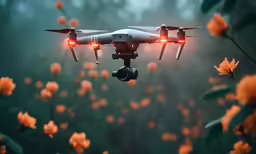 a camera attached to the front of a white quad rotor flying over orange flowers