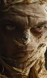a close up of a face with the eyes covered in mud