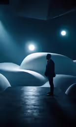 man standing alone in an empty room filled with snow