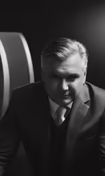 a man with white hair and wearing a suit