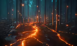 a road in the dark with lights shining