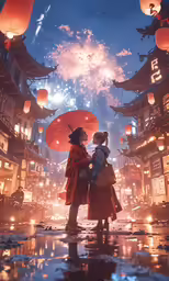 two girls stand under an umbrella, surrounded by lanterns