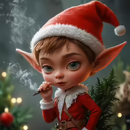 a small elf smoking something with a christmas hat on