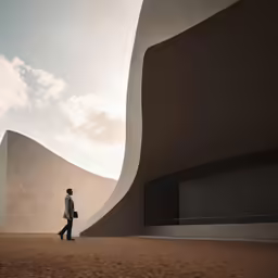a woman walking near an unusual building during the day