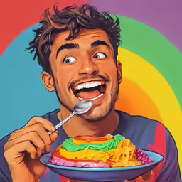 a man eating a large cake on top of a blue plate