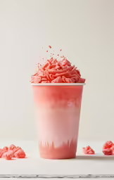 red sprinkles float out from a pink cup