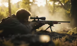 man aiming rifle in woods with sun peaking through trees