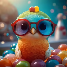 a bird with sunglasses and ball beads around it