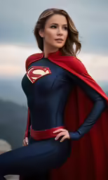 a beautiful woman in a blue suit with red cape posing