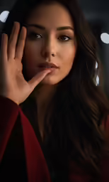 a young asian woman has her hand to her face and is making a hand gesture to her face
