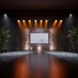 a large room with some lights and plants on it