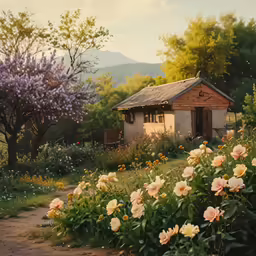 a small house in the middle of flowers