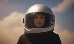 a woman in a helmet and space suit on the background of clouds