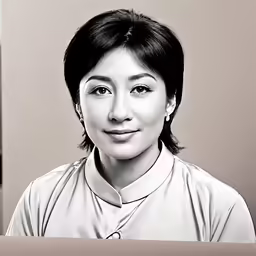 a woman sitting at a desk smiling in a black and white photo