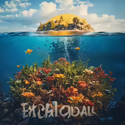 a underwater photo of a island with an inscription on it