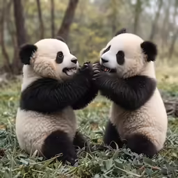 two panda bears sit on their hind legs while playing